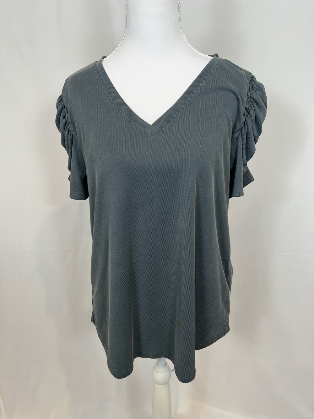 Green Envelope Charcoal V-Neck Ruched Sleeve Tee